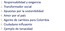 1. Responsabilidad y exigencia
2. Transformador social
3. Apuestas por la sostenibilidad
4. Amor por el país
5. Agente de cambios para Colombia
6. Ciudadano influyente
7. Ejemplo de tenacidad